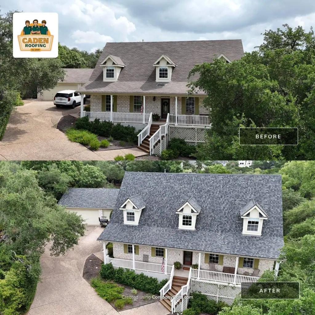 Before and after roof replacement in Lost Creek, Austin 78746: worn original shingles replaced with Owens Corning Duration in Estate Gray